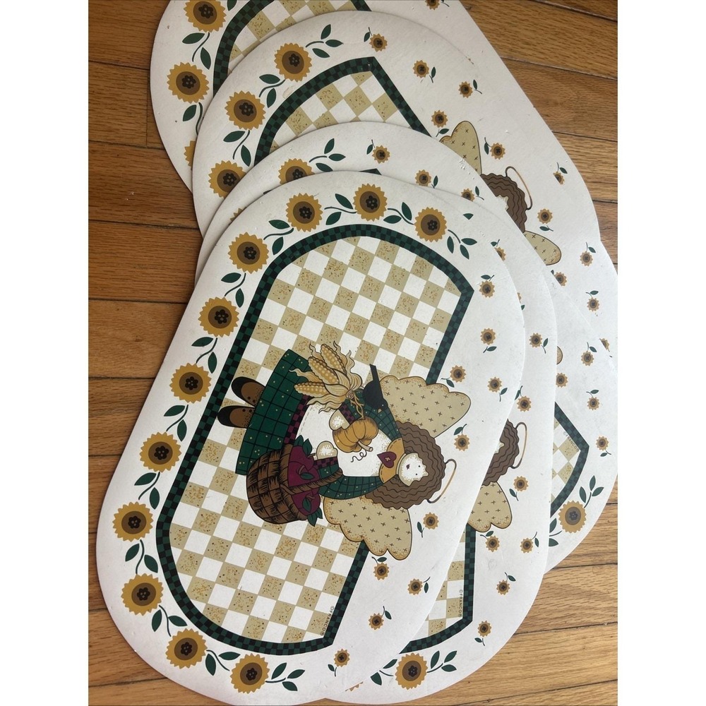 Vintage 90s Vinyl Placemat Autumn Harvest Fall Angel‎ Set Of 5 Sunflower Country